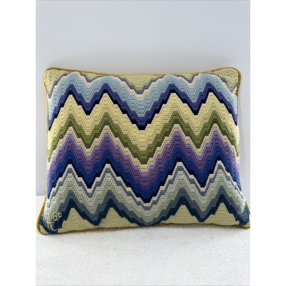 Vintage Hand Made Rectangle Needlepoint Pillow Velvet Backing Signed 1980 17x15